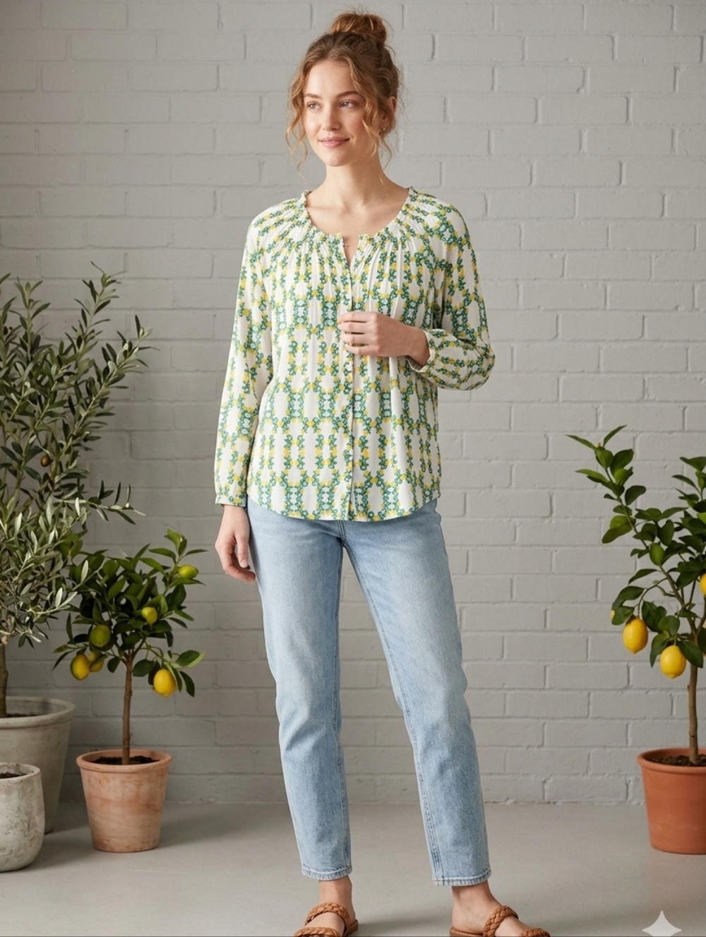 Jane & Delancey Lemon Print Button Front Blouse